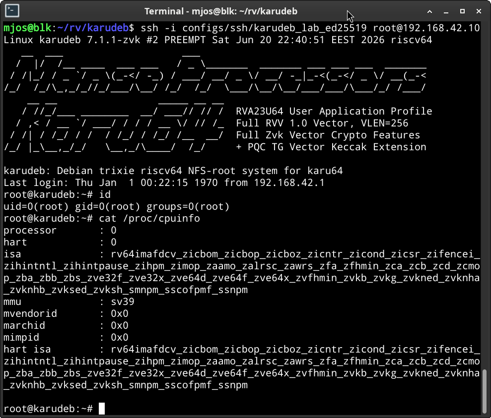 SSH login to Debian riscv64 running on the karu64 core